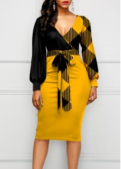 V Neck Plaid Belted Lantern Sleeve Dress