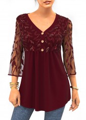 Lace Stitching Sequin Solid 3/4 Sleeve T Shirt