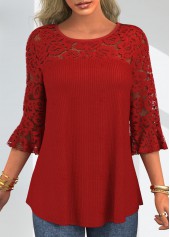 Round Neck Lace Stitching Flare Cuff T Shirt