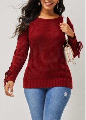 Lace Up Wine Red Round Neck Sweater