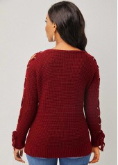 Lace Up Wine Red Round Neck Sweater