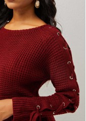 Lace Up Wine Red Round Neck Sweater