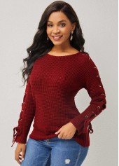 Lace Up Wine Red Round Neck Sweater