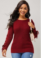 Lace Up Wine Red Round Neck Sweater