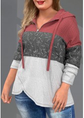 Plus Size Quarter Zip Drawstring Lace Stitching Hoodie