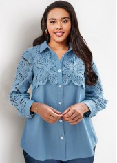Lace Stitching Plus Size Faux Denim Blouse