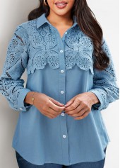 Lace Stitching Plus Size Faux Denim Blouse