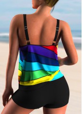 Stripe Print Mid Waist Rainbow Color Tankini Set
