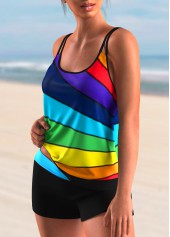 Stripe Print Mid Waist Rainbow Color Tankini Set
