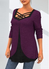 Long Sleeve Cross Strap Faux Two Piece T Shirt