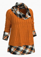 Cowl Neck Twisted Pattern Plaid Sweater