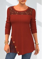 Lace Patchwork Round Neck Solid T Shirt