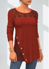 Lace Patchwork Round Neck Solid T Shirt