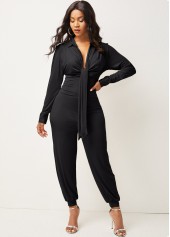 Long Sleeve Deep V Neck Tie Front Jumpsuit