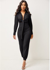 Long Sleeve Deep V Neck Tie Front Jumpsuit