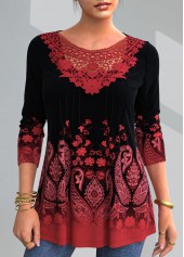 Paisley Print Long Sleeve Lace Patchwork T Shirt