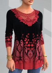Paisley Print Long Sleeve Lace Patchwork T Shirt