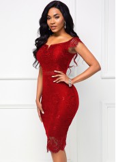 Lace Stitching Split Neck Red Dress