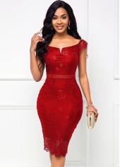 Lace Stitching Split Neck Red Dress