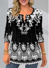 Black Tribal Print Split Neck T Shirt