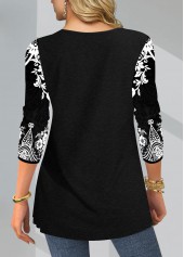 Black Tribal Print Split Neck T Shirt