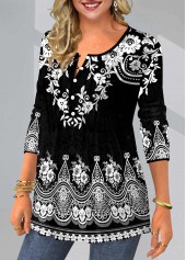 Black Tribal Print Split Neck T Shirt