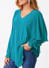 Asymmetric Hem V Neck Layered Cyan T Shirt