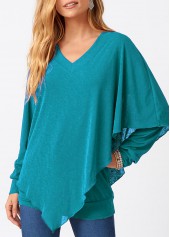 Asymmetric Hem V Neck Layered Cyan T Shirt