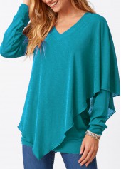 Asymmetric Hem V Neck Layered Cyan T Shirt