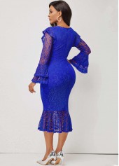 Layered Bell Sleeve Lace Stitching Blue Mermaid Dress