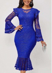 Layered Bell Sleeve Lace Stitching Blue Mermaid Dress