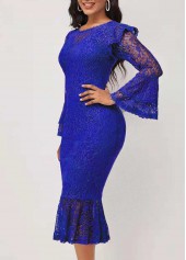 Layered Bell Sleeve Lace Stitching Blue Mermaid Dress