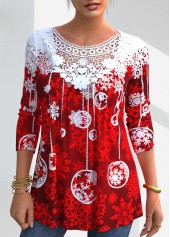 Christmas Snowflake Print Red Lace Stitching T Shirt