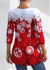 Christmas Snowflake Print Red Lace Stitching T Shirt