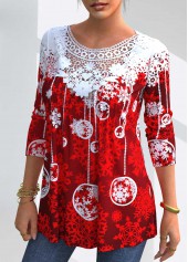 Christmas Snowflake Print Red Lace Stitching T Shirt