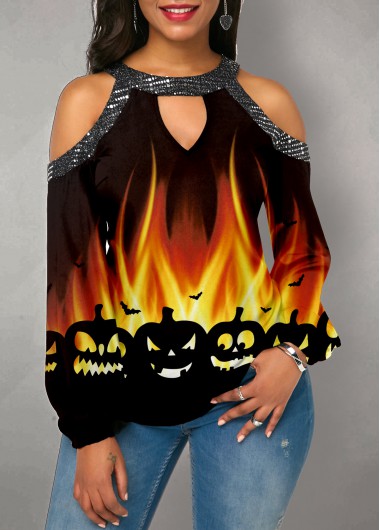 Rosewe Delivered In Three Days Sequin Halloween Print Bib Neck Blouse - L