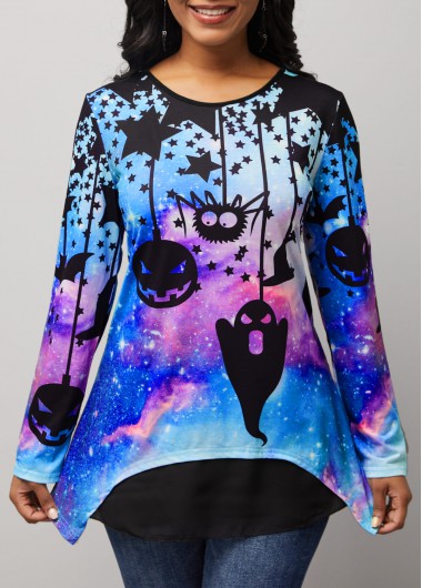 Rosewe Long Sleeve Halloween Print Faux Two Piece T Shirt - S