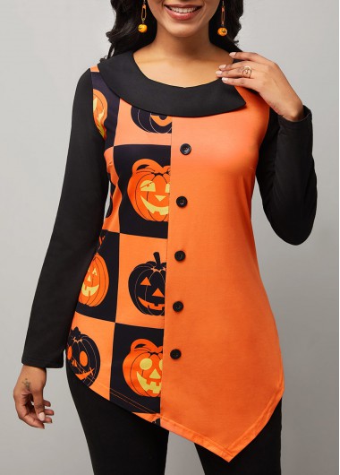 Rosewe Long Sleeve Asymmetric Hem Halloween Print Tunic Top - XL