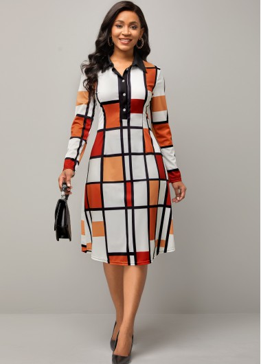 Rosewe Cocktail Party Dress Long Sleeve Geometric Print Turndown Collar Dress - M