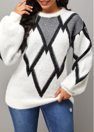 Rosewe Trendy Geometric Print Long Sleeve Round Neck Sweater - S