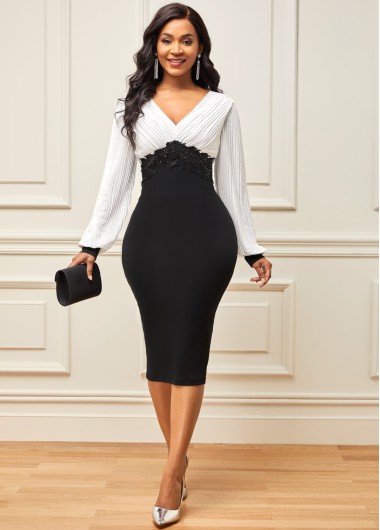 Rosewe Cocktail Party Dress Color Block Black Lace Patchwork V Neck Dress - M