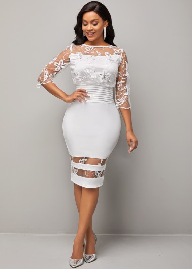 Rosewe White Dresses 3/4 Sleeve Lace Patchwork Round Neck Dress - S