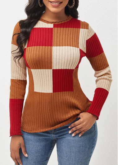 Rosewe Trendy Plaid Long Sleeve Color Block Round Neck Sweater - S