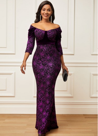 Rosewe Cocktail Party Dress Lace Panel Velvet Stitching Purple Off Shoulder Dress - XL