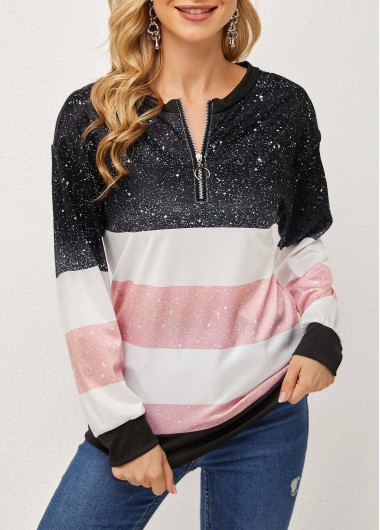 Contrast Long Sleeve Quarter Zip T Shirt