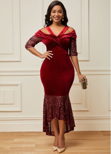 Rosewe Cocktail Party Dress Sequin Wine Red Dip Hem Dress - XL