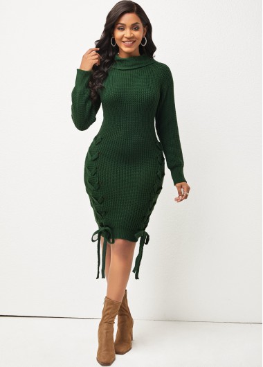 Rosewe Cocktail Party Dress Long Sleeve Green Lace Up Sweater Dress - M