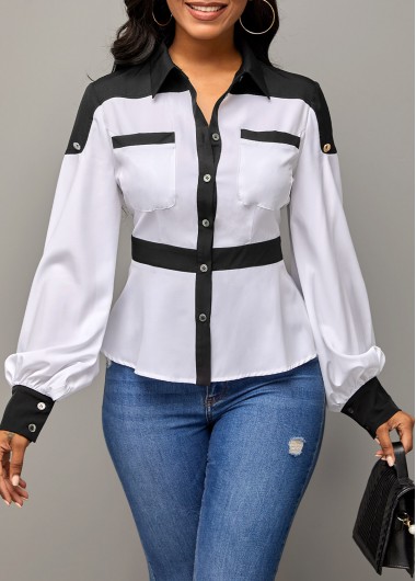 Rosewe Lantern Sleeve Double Pocket Color Block Blouse - XL