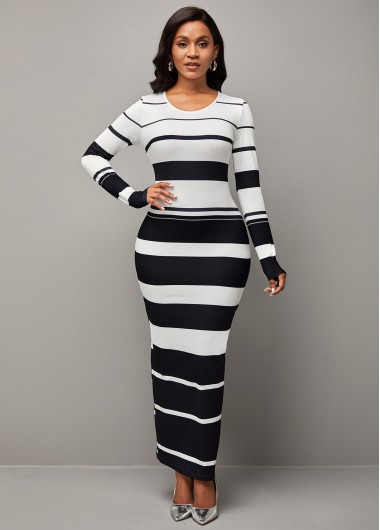 Rosewe Cocktail Party Dress Striped Round Neck Color Block Dress - S
