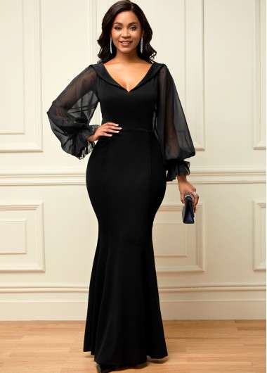 Rosewe Black Dresses Black Mesh Stitching Sweetheart Neckline Maxi Dress - M